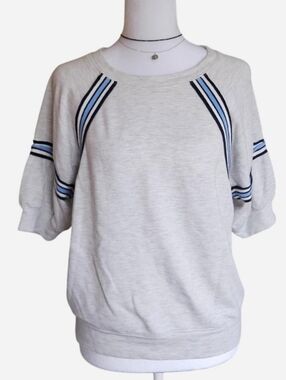 Evereve Heather Light Gray Short Sleeve Sweatshirt with Navy & Sky Blue Stripes